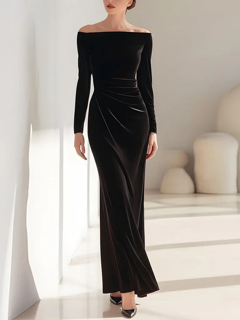 Elegant Mermaid Off Shoulder Ruched Velvet Black Long Evening Dresses