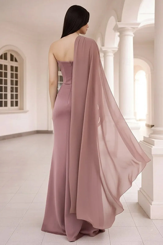 Romantic Mermaid One Shoulder Draped Cape Dusty Rose Floor Length Prom Dress