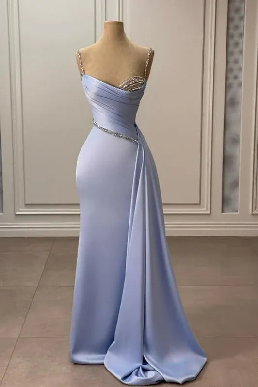 Elegant Mermaid Spaghetti Straps Sleeveless Rhinestones Sky Blue Maxi Prom Dress for Women Ready to Ship