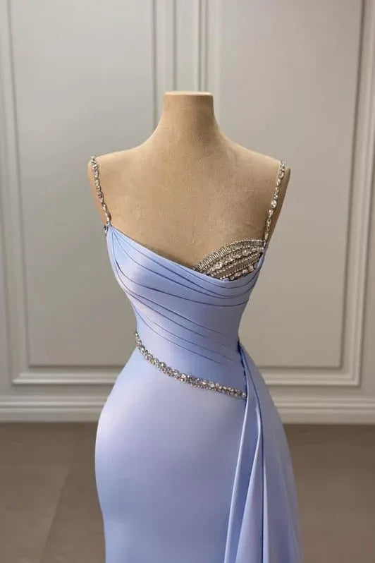 Elegant Mermaid Spaghetti Straps Sleeveless Rhinestones Sky Blue Maxi Prom Dress for Women Ready to Ship