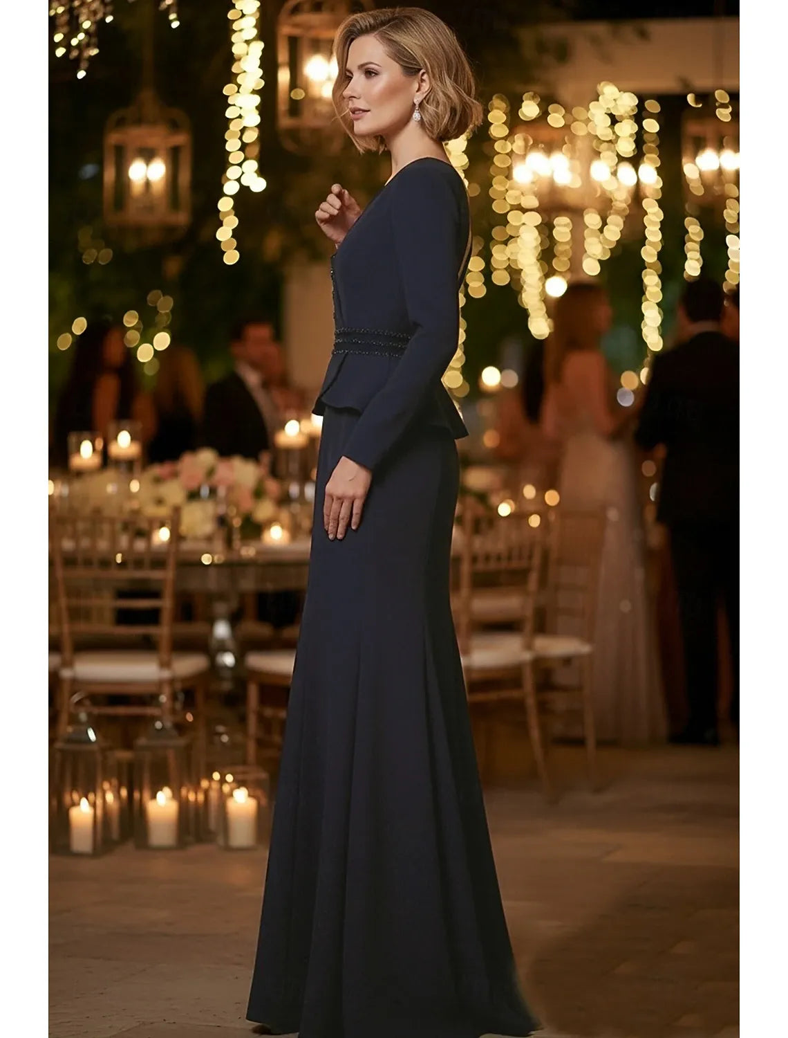 Elegant Mermaid V-Neck Long Sleeve Beaded Peplum Navy Blue Evening Dress For Sale
