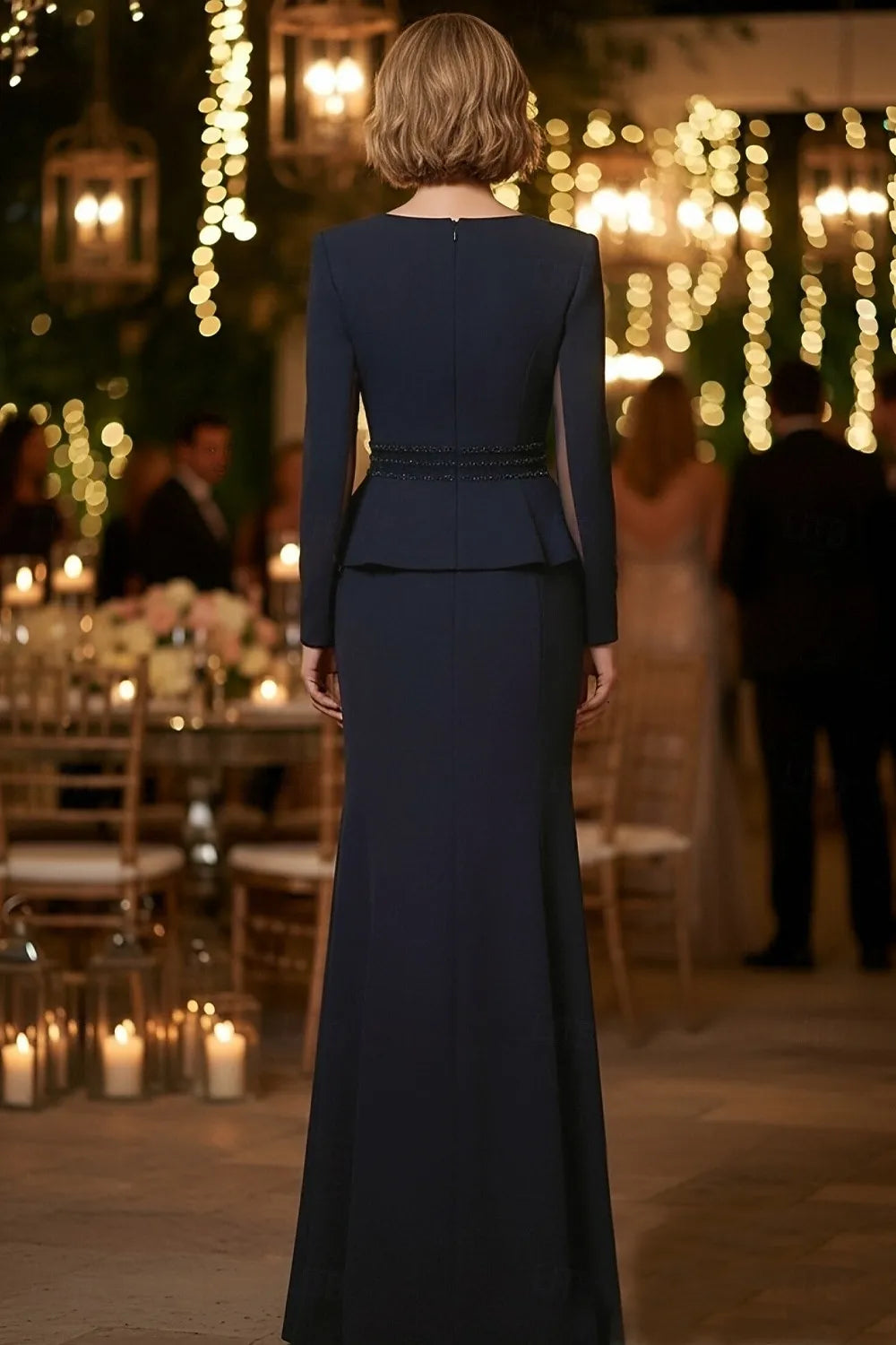 Elegant Mermaid V-Neck Long Sleeve Beaded Peplum Navy Blue Evening Dress For Sale