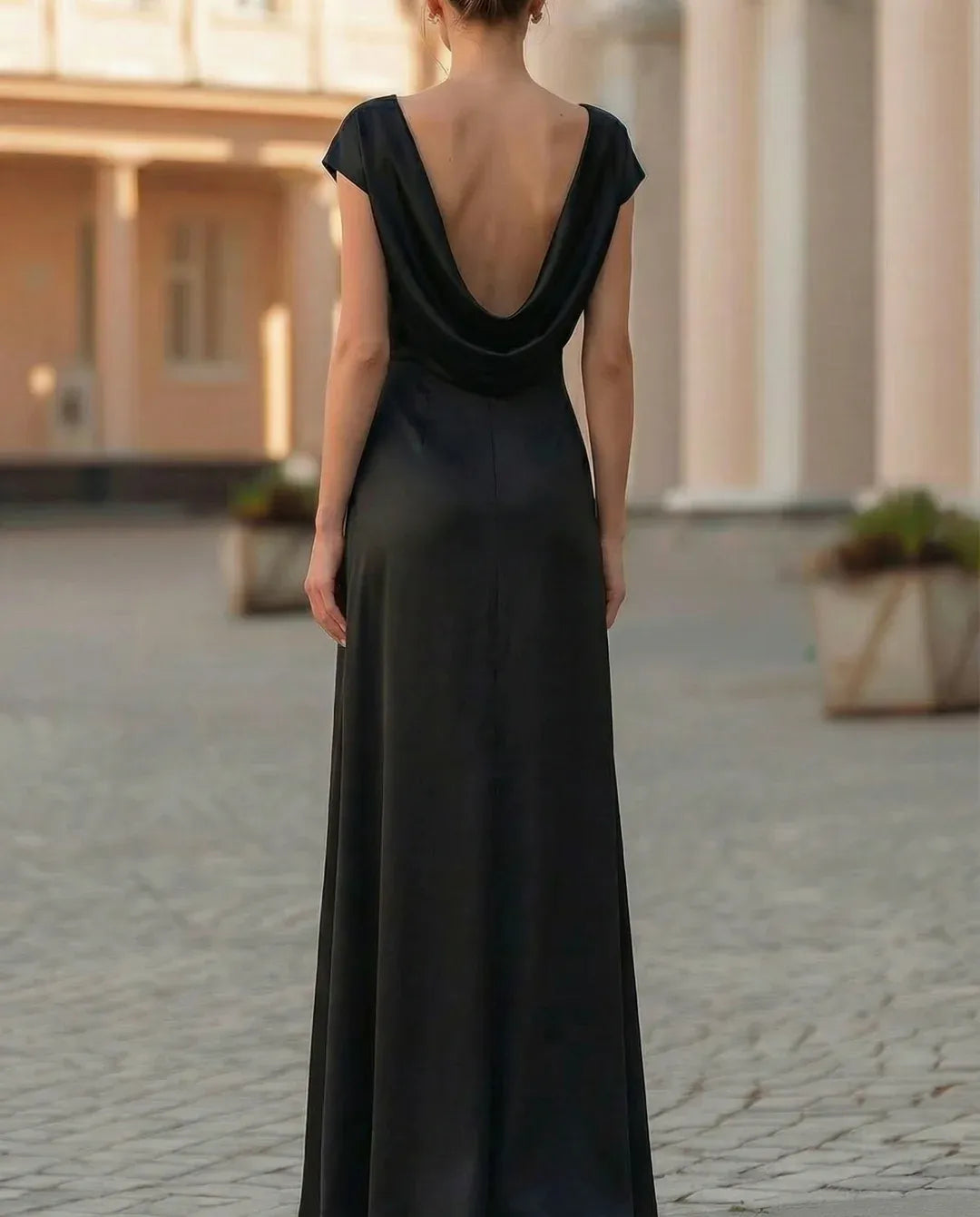 Elegant Sheath Crew Neck Cap Sleeve Cowl Back Black Ankle-Length Evening Dresses