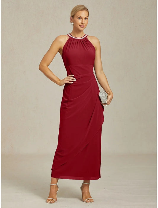 Elegant Sheath Halter Neck Sleeveless Ruched Burgundy Maxi Evening Dress for Women Ready to Ship