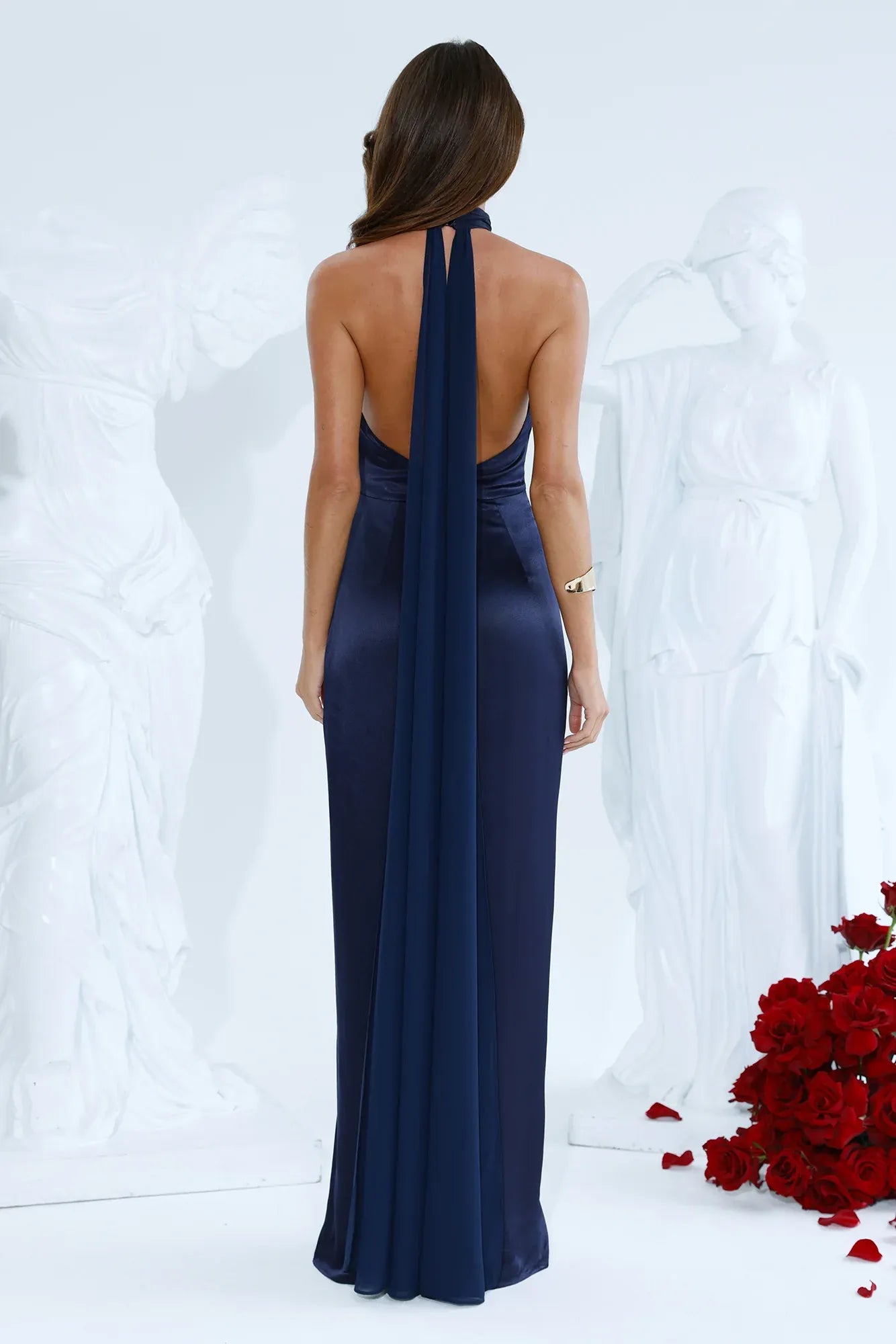 Elegant Sheath Halter Sleeveless Open Back Satin Navy Maxi Evening Dress
