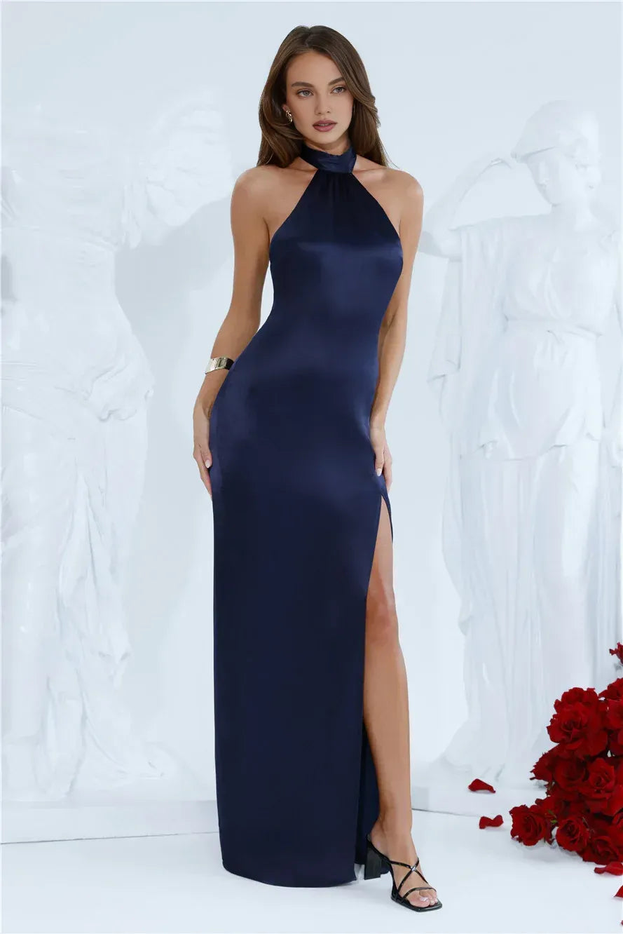 Elegant Sheath Halter Sleeveless Open Back Satin Navy Maxi Evening Dress