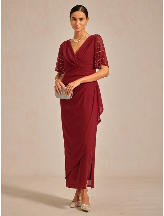 Elegant Sheath V-Neck Half Sleeve Beaded Red Maxi Evening Dress for Women Ready to Ship