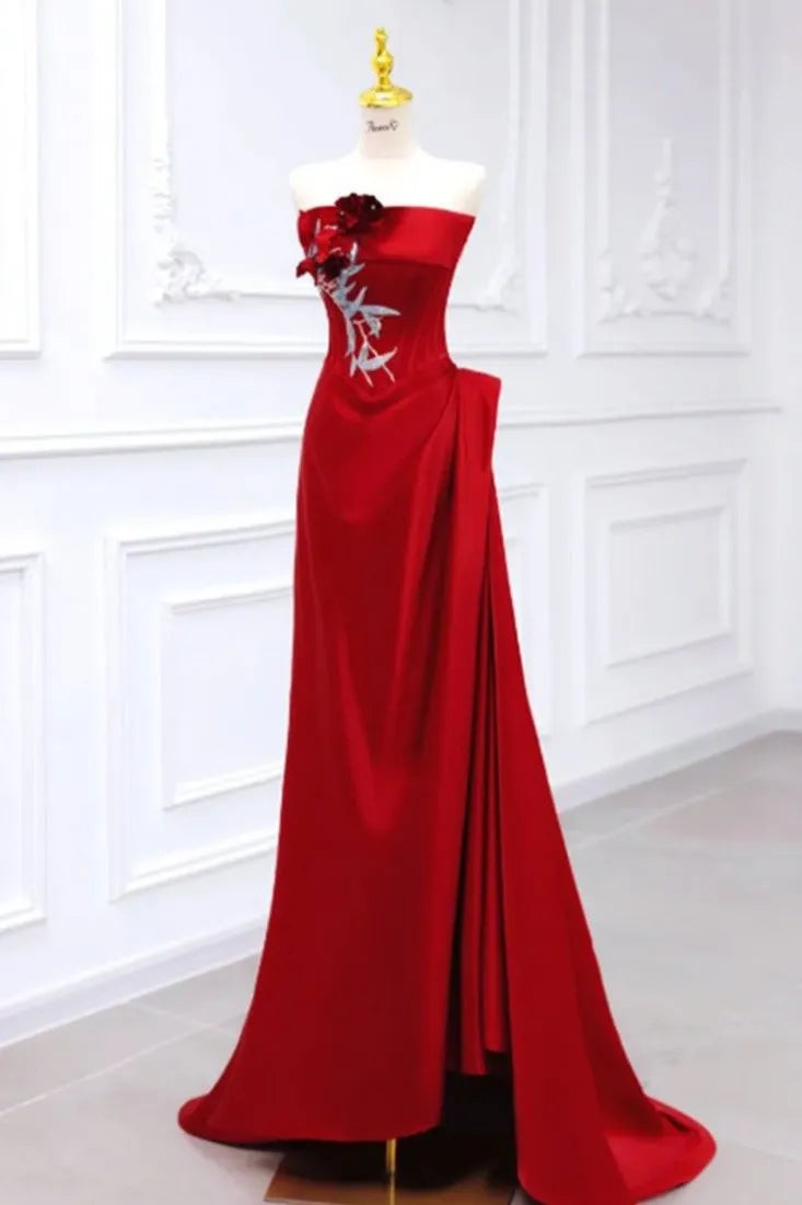 Elegant Strapless Corset Pleated Applique Burgundy Prom Dress With Embroidered