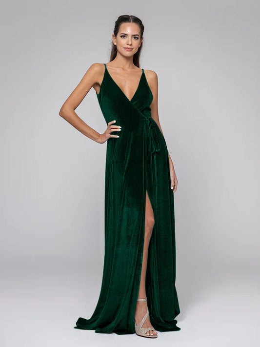 DingJiDress Straps Plunging V Neckline Long Velvet Dresses Bridesmaid Dresses