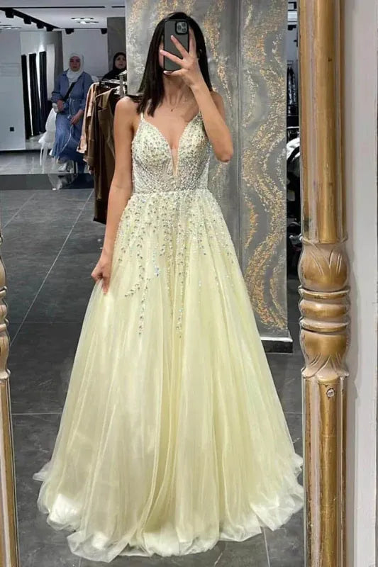 Enchanting A-line Spaghetti-strap Beaded Light Yellow Floor-length Prom Dress for Women Ready to Ship