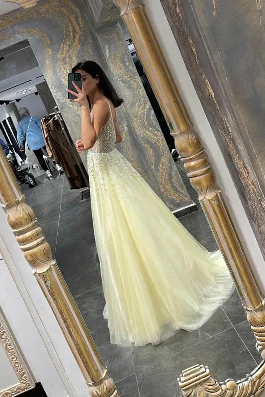 Enchanting A-line Spaghetti-strap Beaded Light Yellow Floor-length Prom Dress for Women Ready to Ship