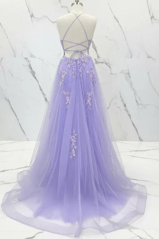 Ethereal A-Line V-Neck Sleeveless Beaded Lilac Maxi Prom Dress for Women Ready to Ship