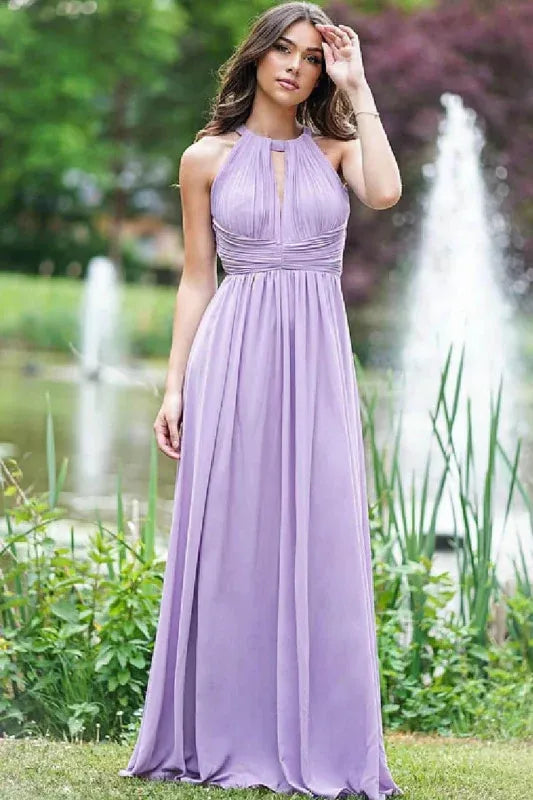 Ethereal A-line Halter-neck Sleeveless Ruched Lilac Floor-length Prom Dress for Women Ready to Ship