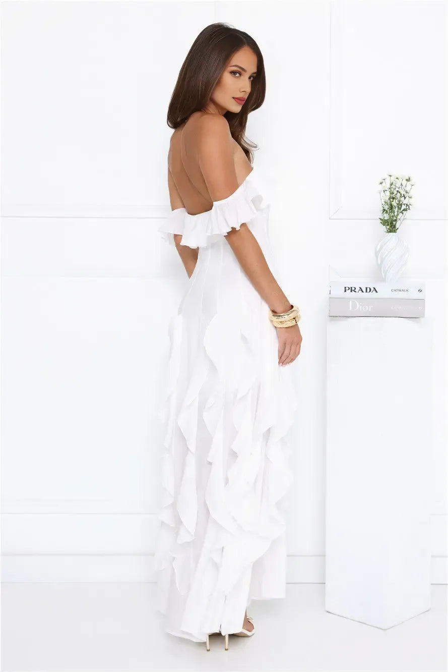 Exquisite Tailoring Off Shoulder Corset Ruffle White Maxi Prom Dress For Women