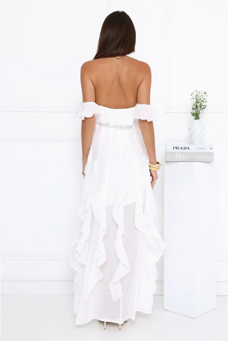 Exquisite Tailoring Off Shoulder Corset Ruffle White Maxi Prom Dress For Women