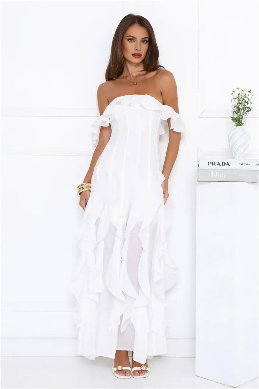 Exquisite Tailoring Off Shoulder Corset Ruffle White Maxi Prom Dress For Women