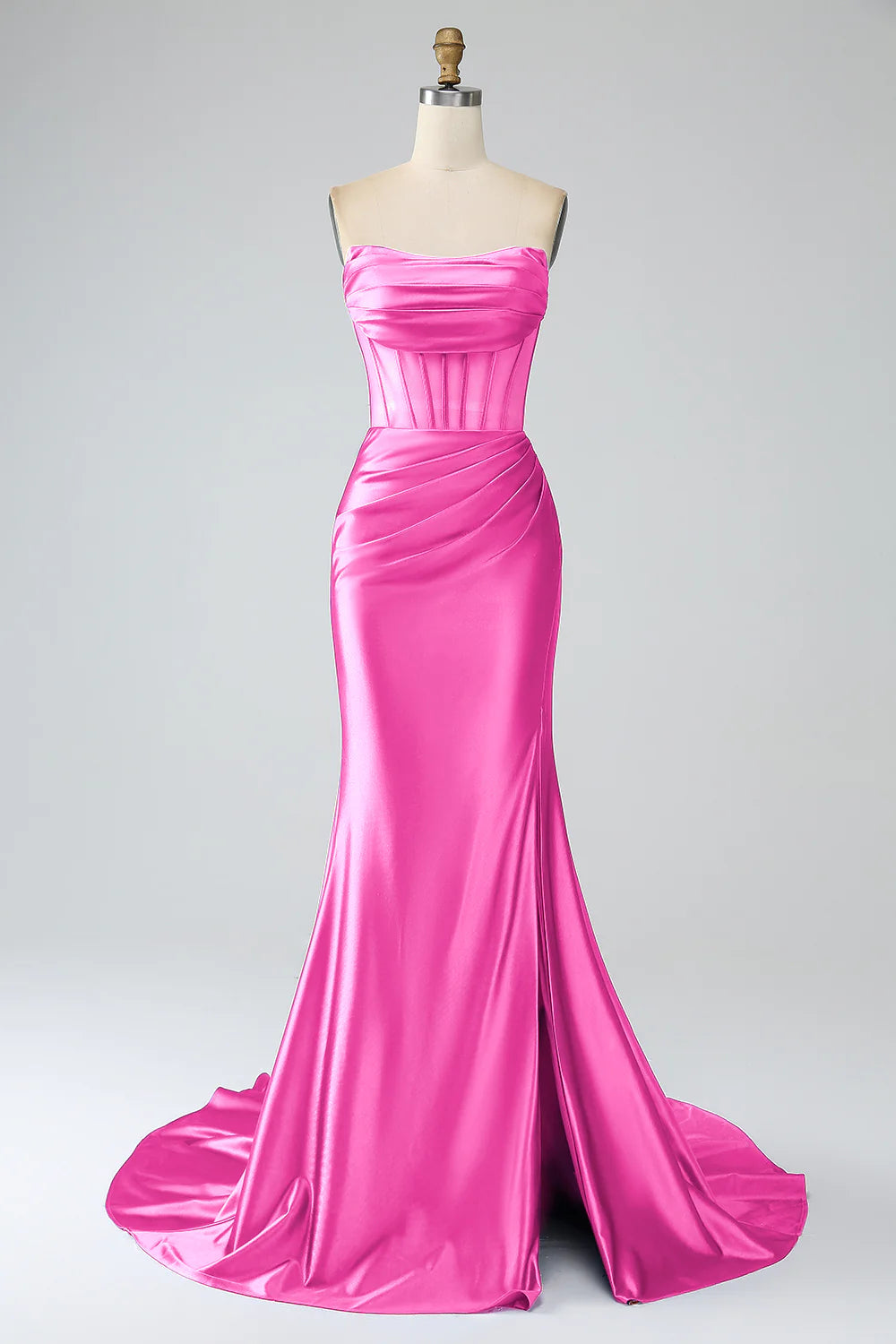 DingJiDress Red Mermaid Strapless Pleated Corset Long Prom Dress with Slit