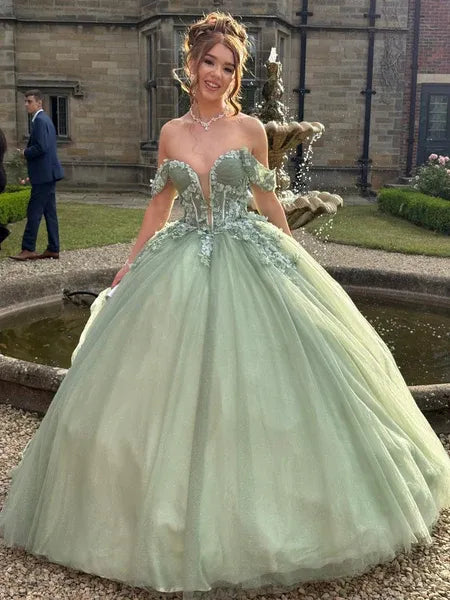 Fairy Ball Gown Off Shoulder Lace Applique Sage Green Train Prom Dress
