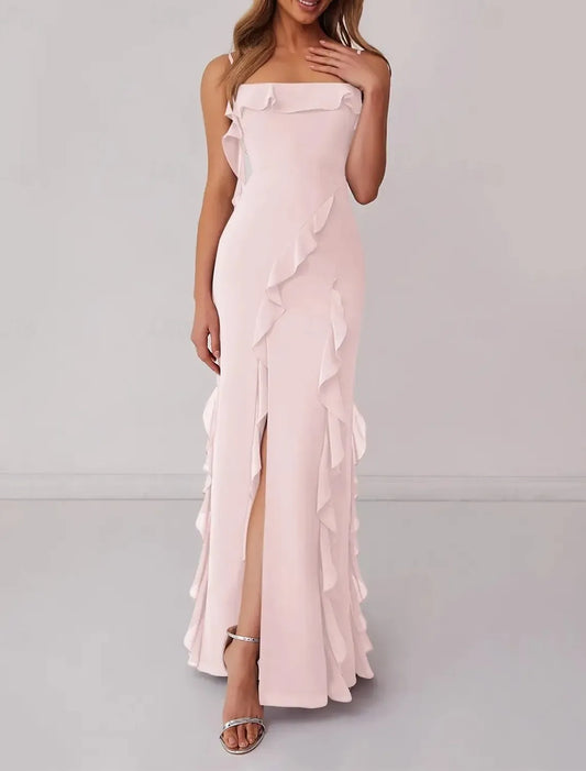 Flirty Mermaid Spaghetti Strap Ruffled Chiffon Blush Prom Dress With Slit