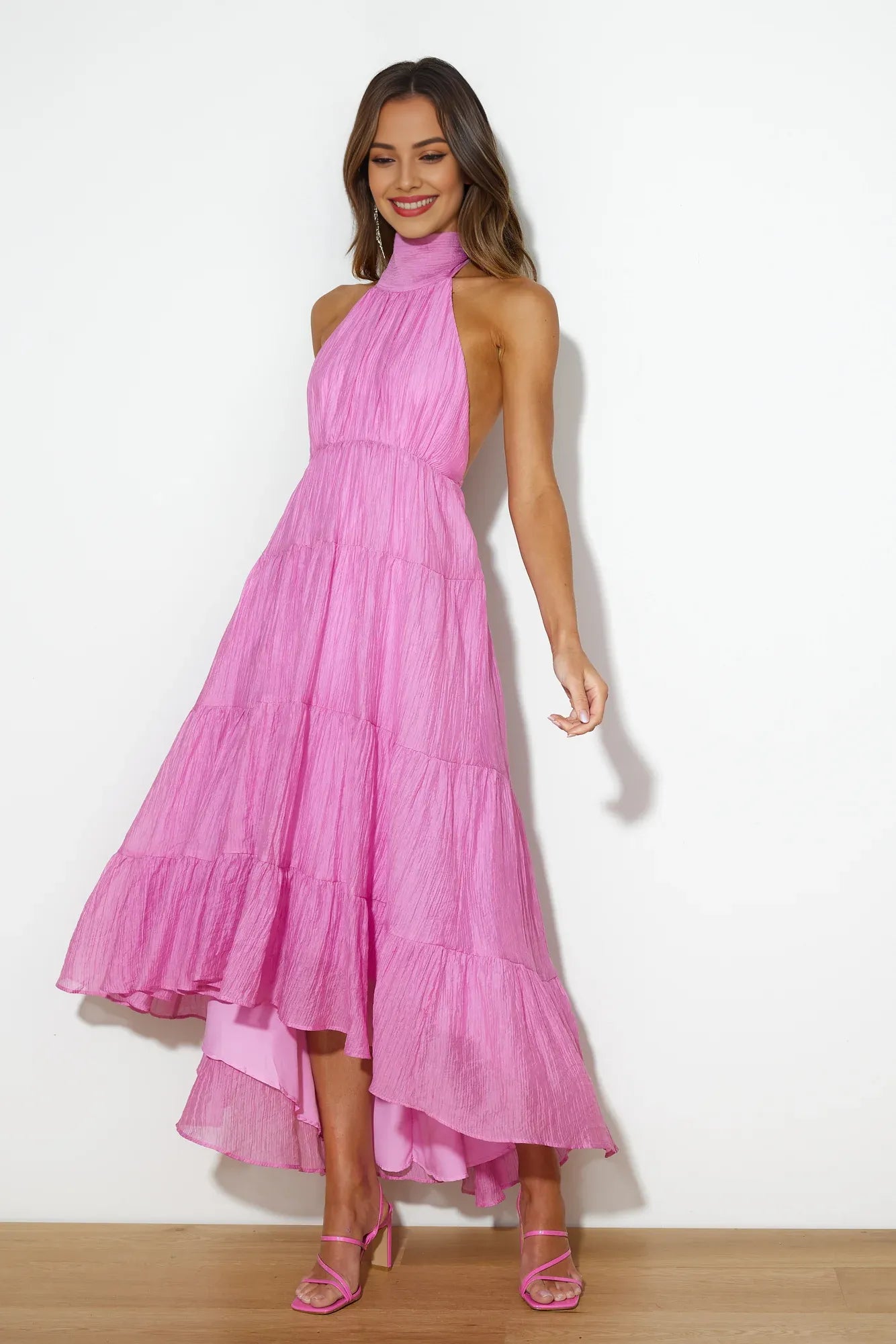 Flowy A-line Halter Neck Sleeveless Tie Open Back Pink Maxi Prom Dress