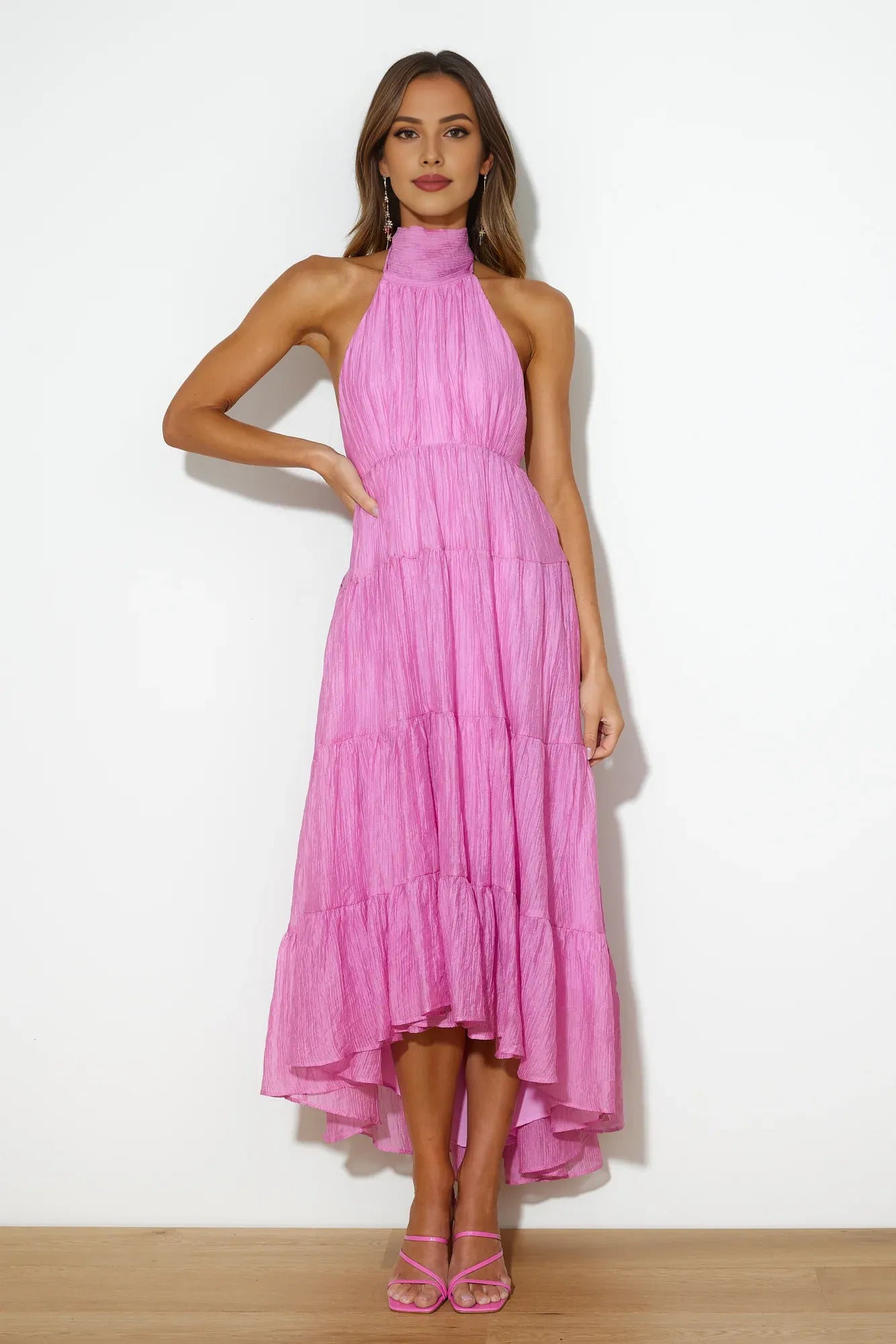 Flowy A-line Halter Neck Sleeveless Tie Open Back Pink Maxi Prom Dress
