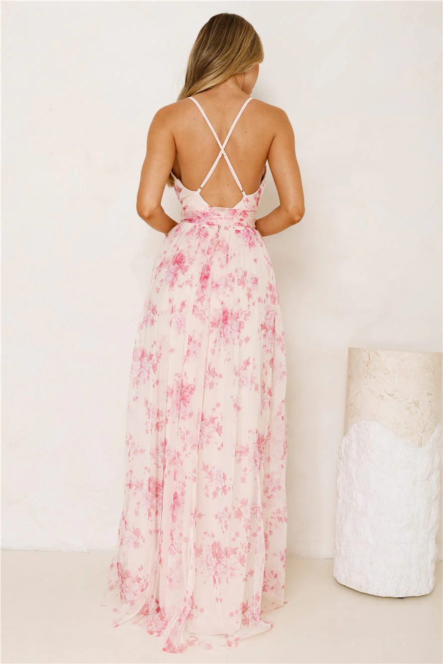 Flowy Pretty Deep V Neck Floral Print Fuchsia Maxi Prom Dress With Side Slit