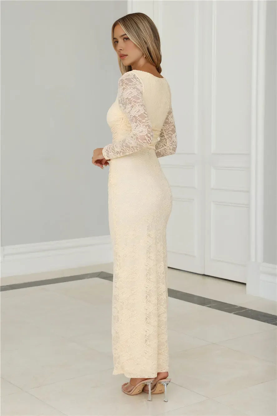 Full Of Charm Boat Neck Long Sleeve Cutout Waist Lace Butter Maxi Evening Dress