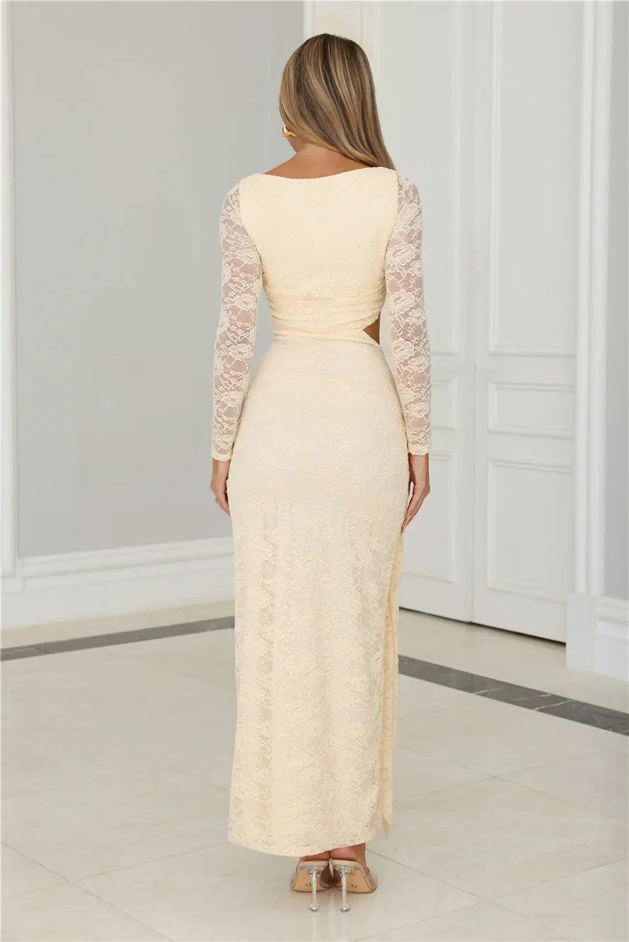 Full Of Charm Boat Neck Long Sleeve Cutout Waist Lace Butter Maxi Evening Dress