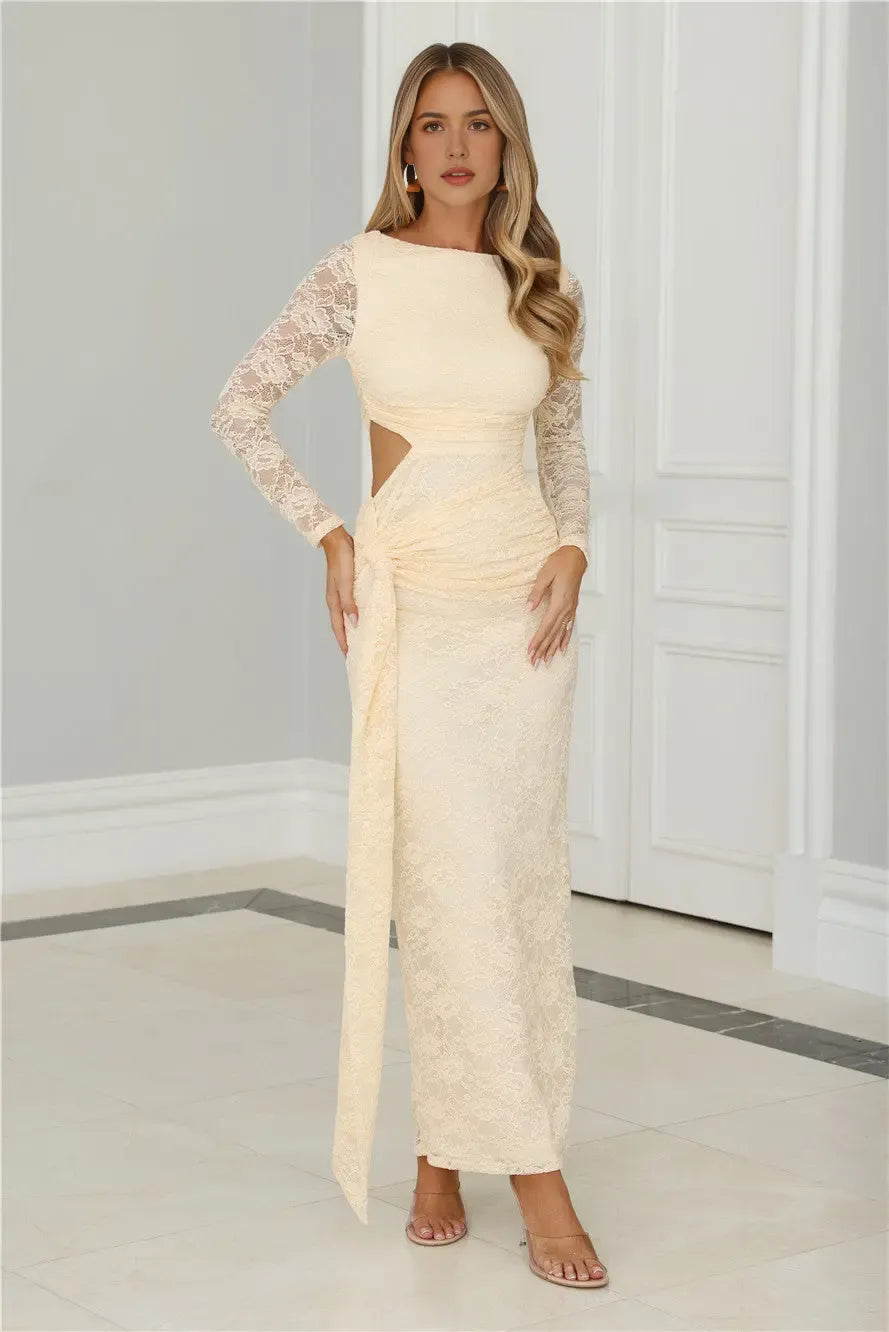 Full Of Charm Boat Neck Long Sleeve Cutout Waist Lace Butter Maxi Evening Dress