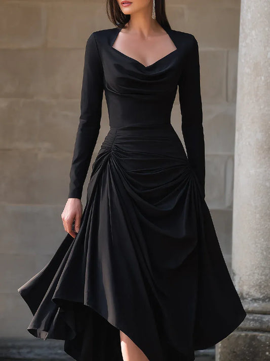 Glamorous A-Line Cowl Neck Long Sleeve Ruched Black Midi Prom Dresses With Asymmetrical Hem