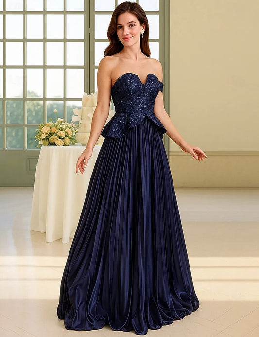Glamorous A-Line Off Shoulder Peplum Pleated Sequin Navy Blue Evening Dress Hot Sale