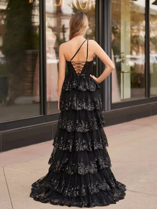 Glamorous A-Line One-Shoulder Applique Sequin Black Train Prom Dress With Slit