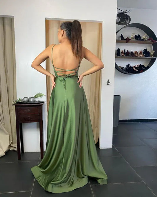 Glamorous A-Line Square Neck Spaghetti Strap Pocketed Olive Floor-Length Prom Dress For Women