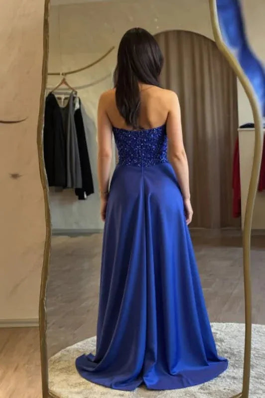Glamorous A-Line Sweetheart Neck Sleeveless Beaded Royal Blue Maxi Prom Dress for Women Ready to Ship