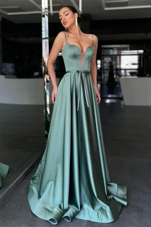 Glamorous A-Line Sweetheart Spaghetti Strap Belted Sage Floor-Length Prom Dress For Women