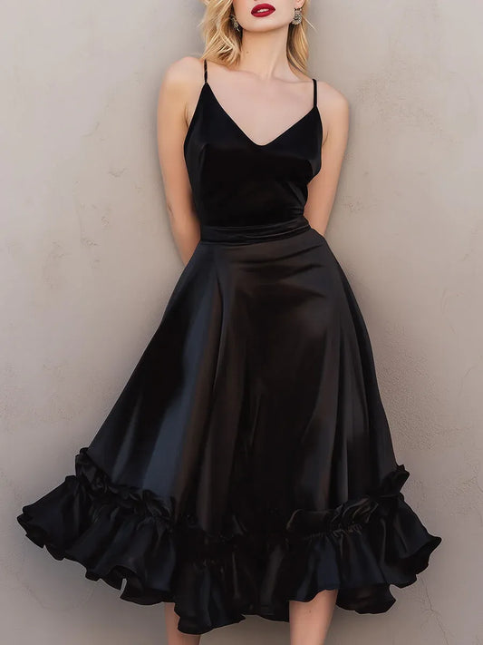 Glamorous A-Line V-Neck Spaghetti Straps Ruffle Satin Black Midi Prom Dresses