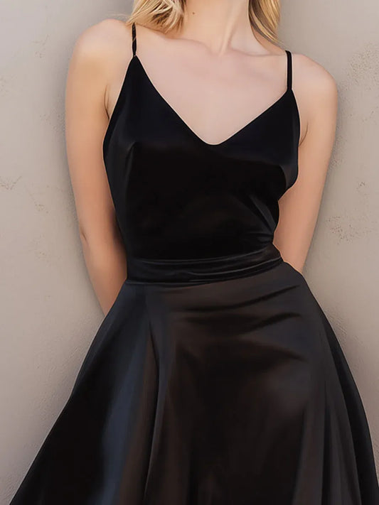 Glamorous A-Line V-Neck Spaghetti Straps Ruffle Satin Black Midi Prom Dresses