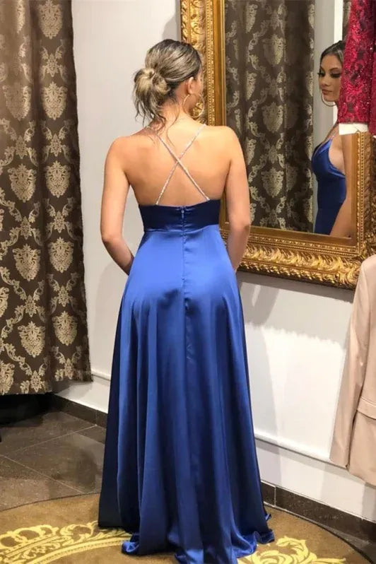 Glamorous A-line Spaghetti Beaded Royal Blue Slit Prom Dress For Women