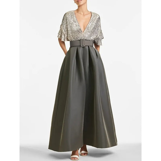 Glamorous A-line V-neck Flutter-sleeved Sequin Gunmetal Maxi Prom Dress for Women Custom