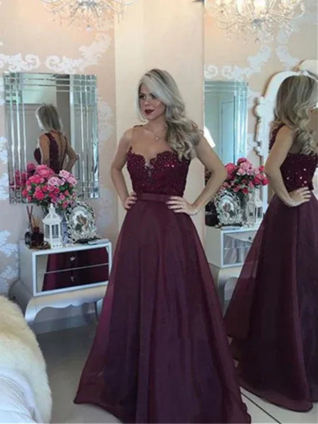 Glamorous A Line V Neck Beaded Lace Burgundy Floor Length Prom Dress