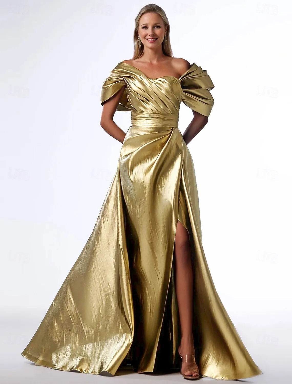 Glamorous Ball Gown Off Shoulder Ruched Metallic Gold Train Evening Dress For Sale