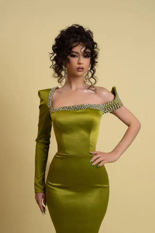 Glamorous Mermaid Asymmetrical Neck One Sleeve Beaded Olive Train Evening Dress For Sale