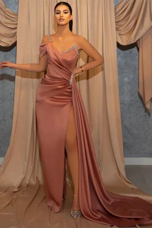 Glamorous Mermaid Asymmetrical Sleeveless Beaded Dusty Rose Floor-length Prom Dress for Women Ready to Ship