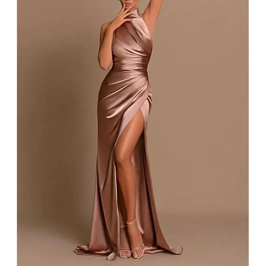 Glamorous Mermaid Halter-Neck Sleeveless Ruched Champagne Floor-Length Prom Dress For Women