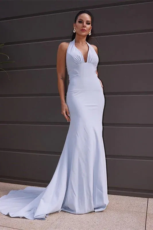 Glamorous Mermaid Halter Bow Back Sky Blue Maxi Prom Dress For Sale