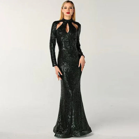 Glamorous Mermaid High-neck Long-sleeve Sequined Black Floor-length Prom Dress for Women Hot Sale