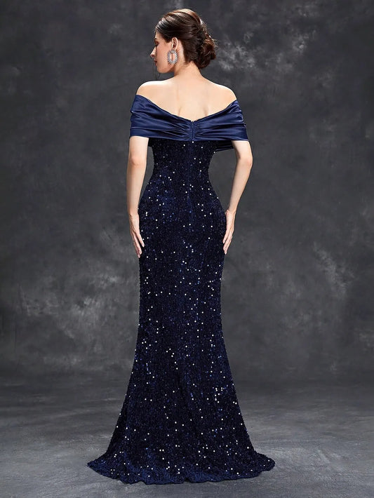 Glamorous Mermaid Off-Shoulder Sleeveless Sequin Navy Blue Long Prom Dress For Women Ready To Ship