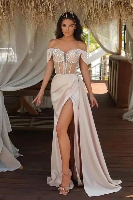 Glamorous Mermaid Off Shoulder Corset Beaded Champagne Train Prom Dress For Women For Sale