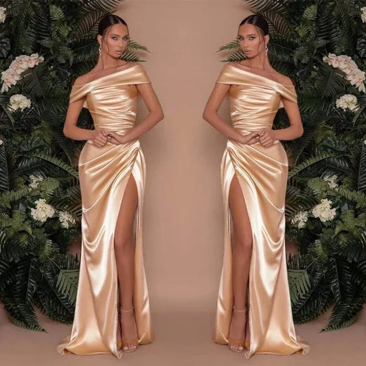 Glamorous Mermaid Off Shoulder Ruched Slit Champagne Floor Length Prom Dress For Women Buy