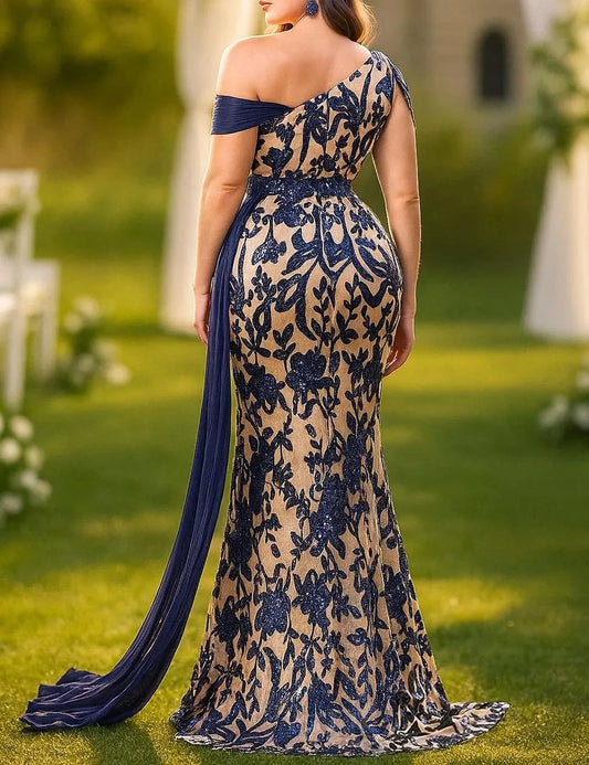 Glamorous Mermaid One Shoulder Sleeveless Sequin Navy Blue Nude Long Prom Dress For Women Ready To Ship